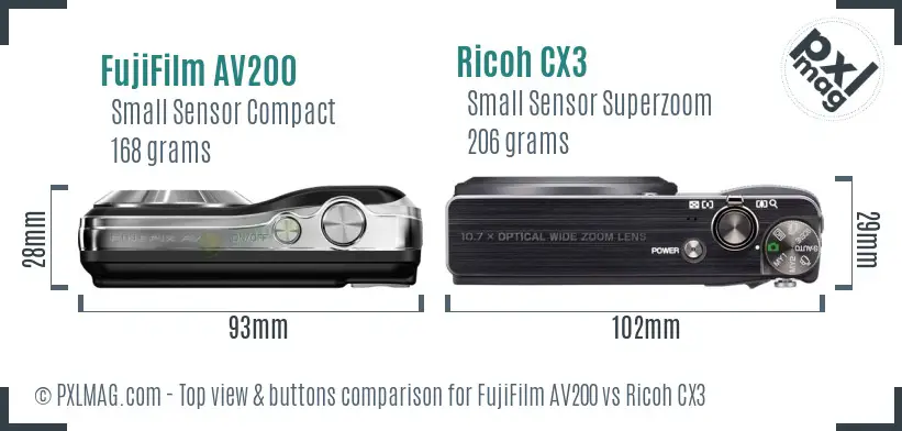 FujiFilm AV200 vs Ricoh CX3 top view buttons comparison FujiFilm AV200 vs Ricoh CX3 top view buttons comparison