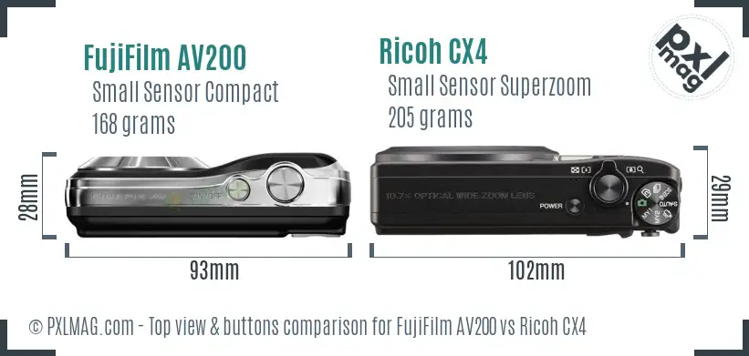 FujiFilm AV200 vs Ricoh CX4 top view buttons comparison