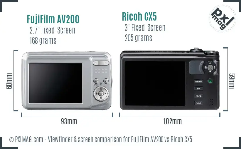 FujiFilm AV200 vs Ricoh CX5 Screen and Viewfinder comparison