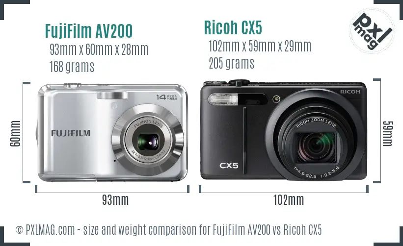 FujiFilm AV200 vs Ricoh CX5 size comparison