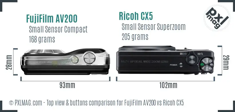 FujiFilm AV200 vs Ricoh CX5 top view buttons comparison
