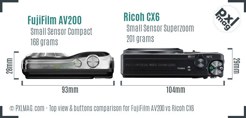 FujiFilm AV200 vs Ricoh CX6 top view buttons comparison