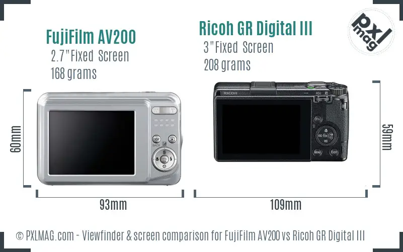 FujiFilm AV200 vs Ricoh GR Digital III Screen and Viewfinder comparison