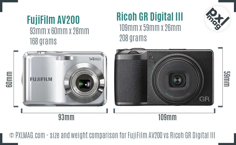 FujiFilm AV200 vs Ricoh GR Digital III size comparison