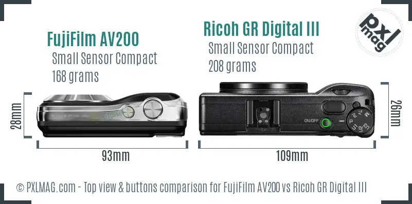 FujiFilm AV200 vs Ricoh GR Digital III top view buttons comparison
