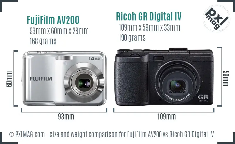 FujiFilm AV200 vs Ricoh GR Digital IV size comparison