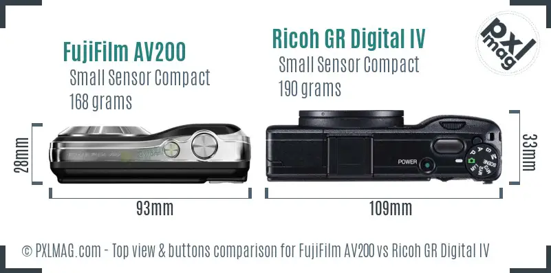 FujiFilm AV200 vs Ricoh GR Digital IV top view buttons comparison