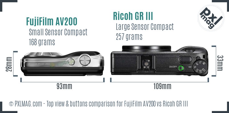 FujiFilm AV200 vs Ricoh GR III top view buttons comparison