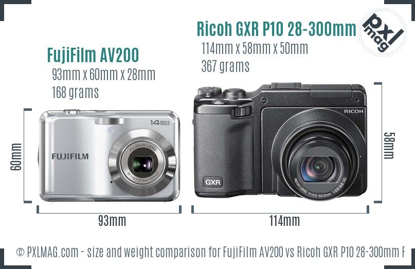 FujiFilm AV200 vs Ricoh GXR P10 28-300mm F3.5-5.6 VC size comparison FujiFilm AV200 vs Ricoh GXR P10 28-300mm F3.5-5.6 VC size comparison