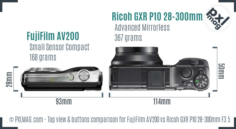 FujiFilm AV200 vs Ricoh GXR P10 28-300mm F3.5-5.6 VC top view buttons comparison