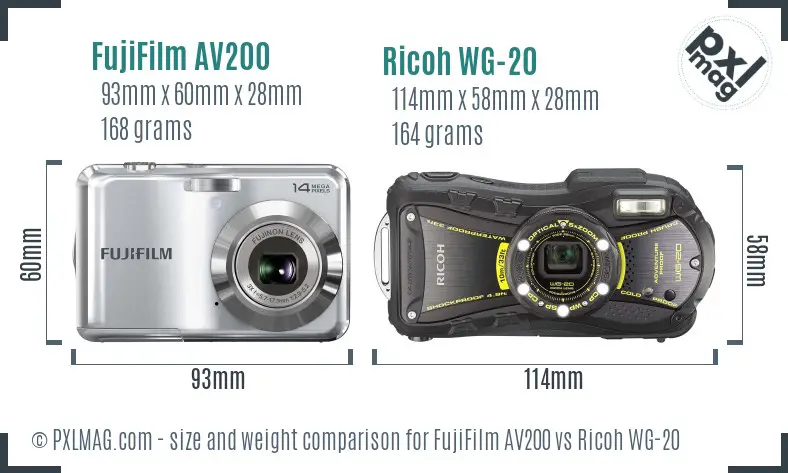 FujiFilm AV200 vs Ricoh WG-20 size comparison