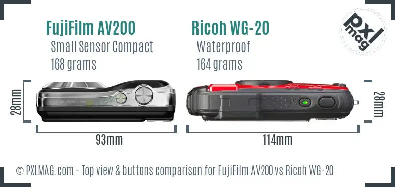 FujiFilm AV200 vs Ricoh WG-20 top view buttons comparison