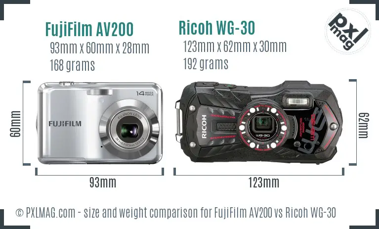 FujiFilm AV200 vs Ricoh WG-30 size comparison