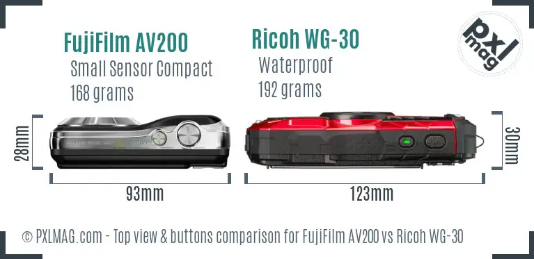 FujiFilm AV200 vs Ricoh WG-30 top view buttons comparison