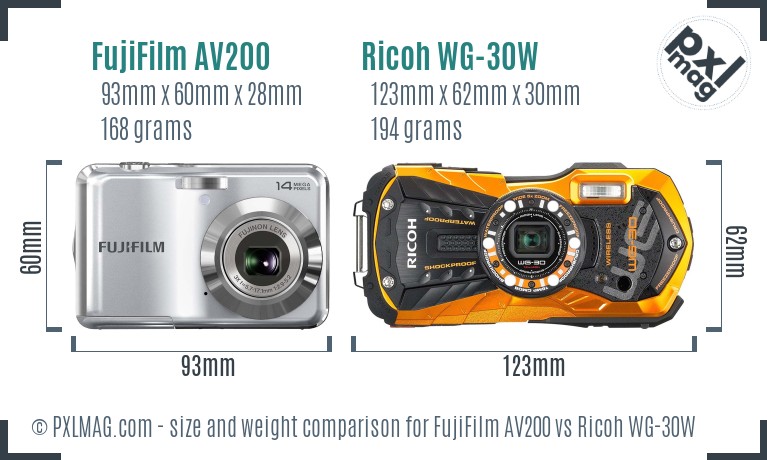 FujiFilm AV200 vs Ricoh WG-30W size comparison
