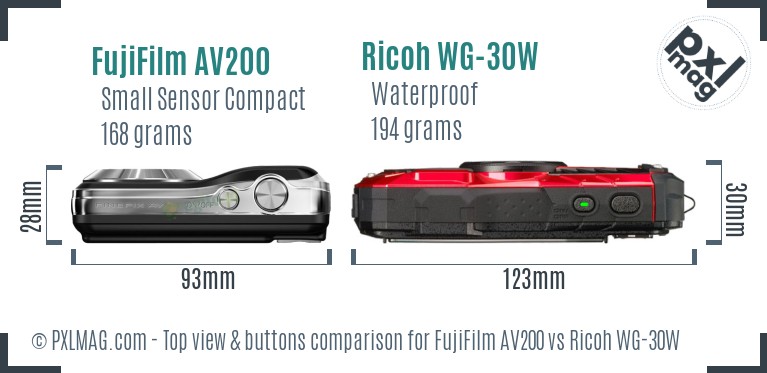 FujiFilm AV200 vs Ricoh WG-30W top view buttons comparison