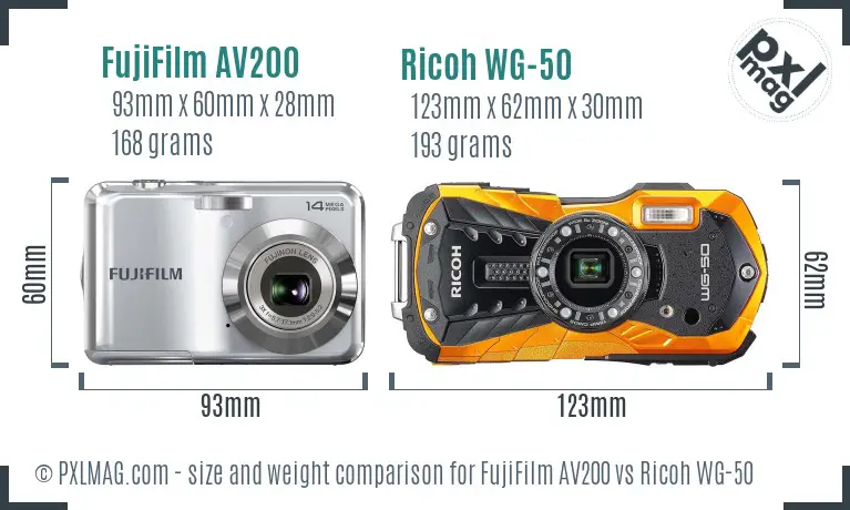 FujiFilm AV200 vs Ricoh WG-50 size comparison