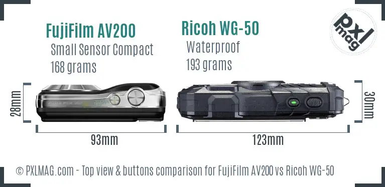 FujiFilm AV200 vs Ricoh WG-50 top view buttons comparison