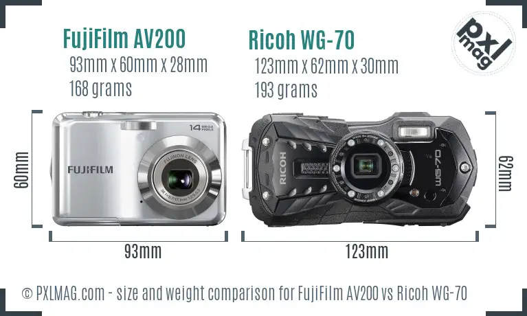 FujiFilm AV200 vs Ricoh WG-70 size comparison