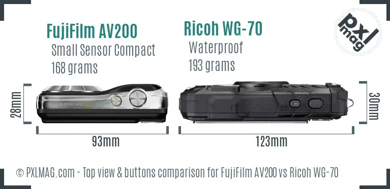 FujiFilm AV200 vs Ricoh WG-70 top view buttons comparison