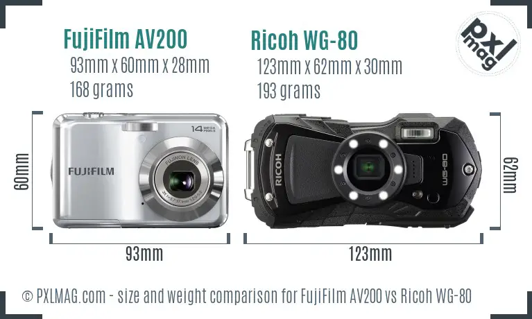 FujiFilm AV200 vs Ricoh WG-80 size comparison