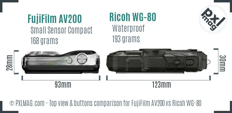 FujiFilm AV200 vs Ricoh WG-80 top view buttons comparison