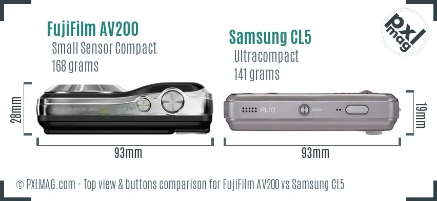 FujiFilm AV200 vs Samsung CL5 top view buttons comparison
