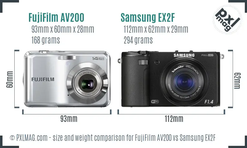 FujiFilm AV200 vs Samsung EX2F size comparison