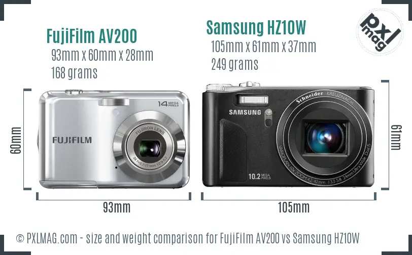 FujiFilm AV200 vs Samsung HZ10W size comparison FujiFilm AV200 vs Samsung HZ10W size comparison