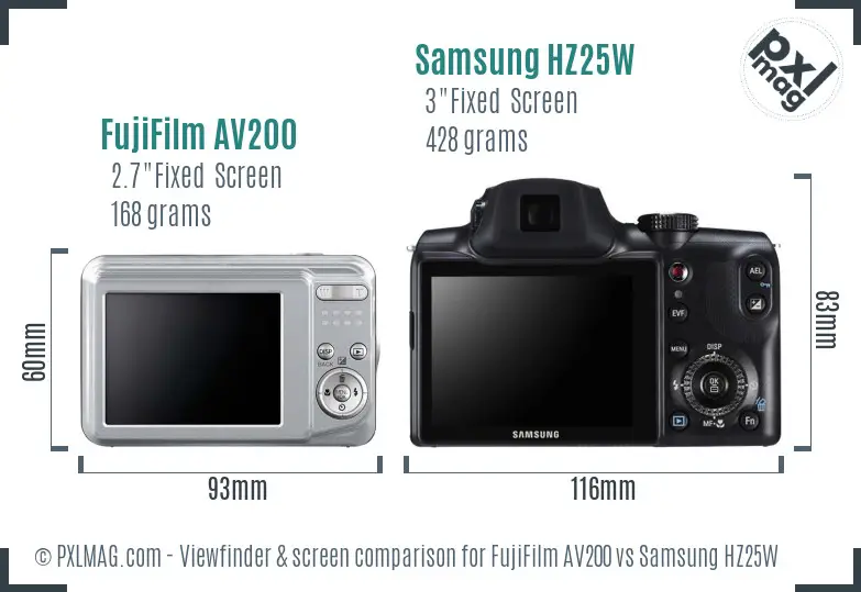 FujiFilm AV200 vs Samsung HZ25W Screen and Viewfinder comparison