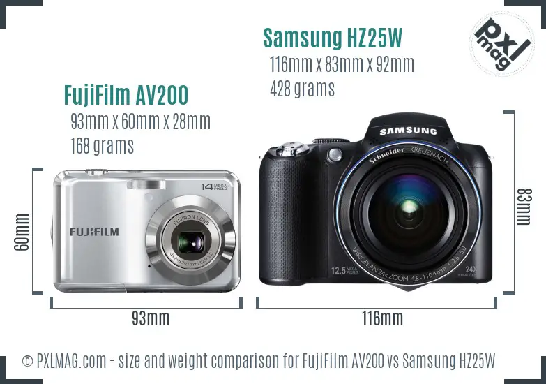 FujiFilm AV200 vs Samsung HZ25W size comparison