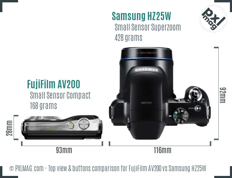 FujiFilm AV200 vs Samsung HZ25W top view buttons comparison