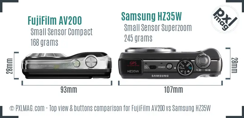 FujiFilm AV200 vs Samsung HZ35W top view buttons comparison