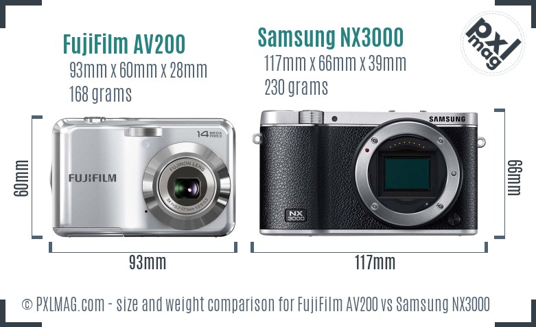 FujiFilm AV200 vs Samsung NX3000 size comparison