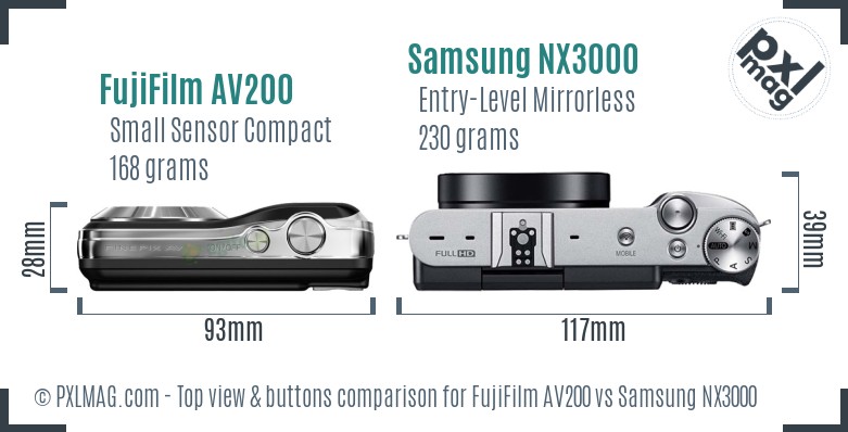 FujiFilm AV200 vs Samsung NX3000 top view buttons comparison