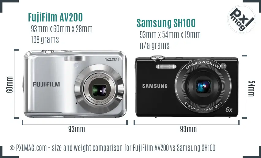 FujiFilm AV200 vs Samsung SH100 size comparison