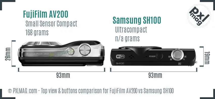FujiFilm AV200 vs Samsung SH100 top view buttons comparison