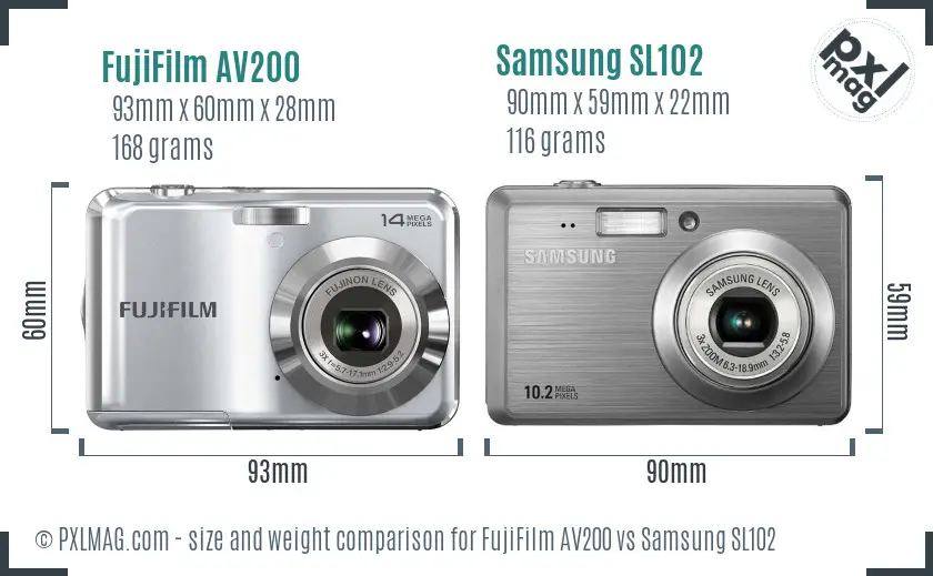 FujiFilm AV200 vs Samsung SL102 size comparison
