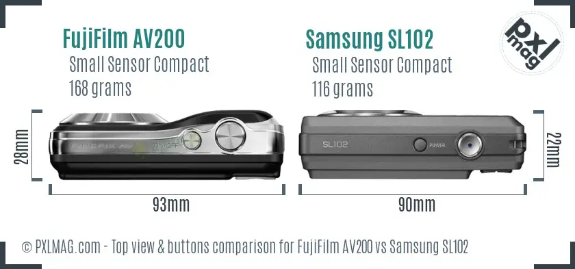 FujiFilm AV200 vs Samsung SL102 top view buttons comparison