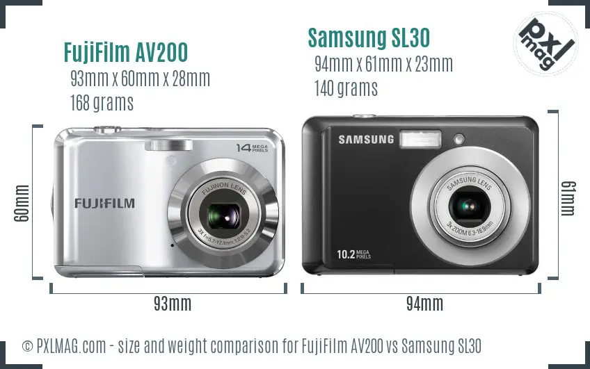 FujiFilm AV200 vs Samsung SL30 size comparison FujiFilm AV200 vs Samsung SL30 size comparison