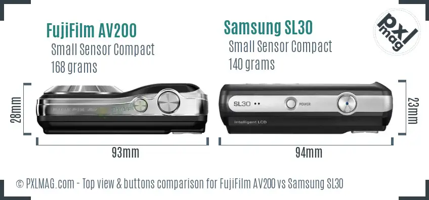 FujiFilm AV200 vs Samsung SL30 top view buttons comparison FujiFilm AV200 vs Samsung SL30 top view buttons comparison