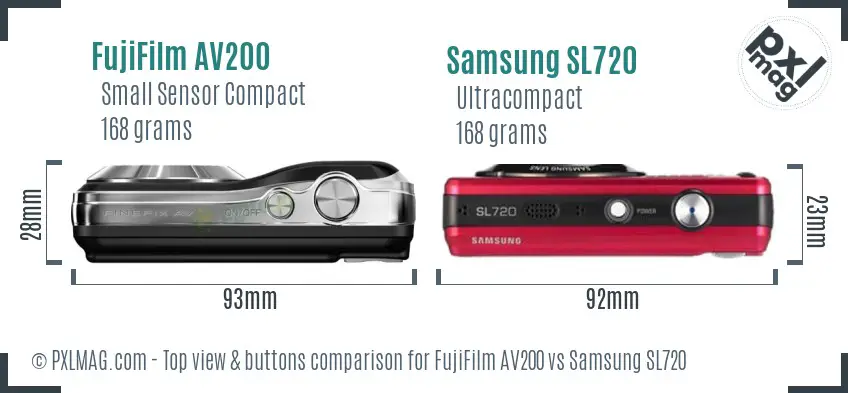 FujiFilm AV200 vs Samsung SL720 top view buttons comparison