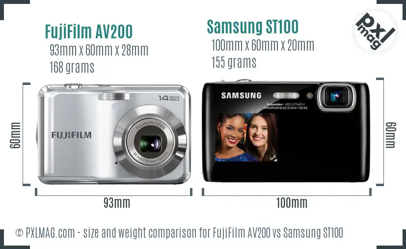 FujiFilm AV200 vs Samsung ST100 size comparison FujiFilm AV200 vs Samsung ST100 size comparison