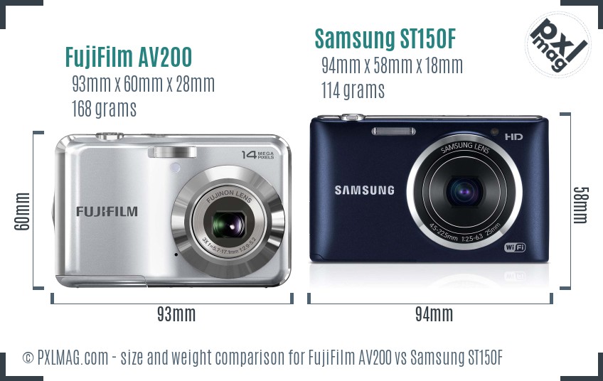 FujiFilm AV200 vs Samsung ST150F size comparison