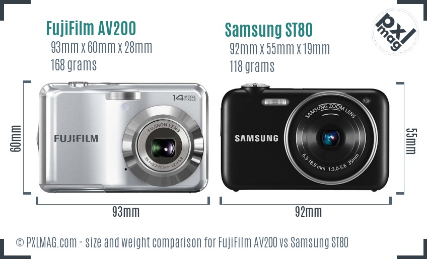 FujiFilm AV200 vs Samsung ST80 size comparison FujiFilm AV200 vs Samsung ST80 size comparison