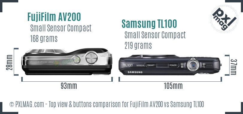 FujiFilm AV200 vs Samsung TL100 top view buttons comparison