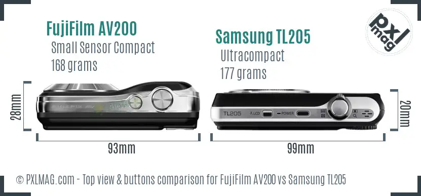 FujiFilm AV200 vs Samsung TL205 top view buttons comparison FujiFilm AV200 vs Samsung TL205 top view buttons comparison