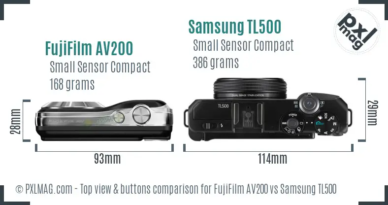 FujiFilm AV200 vs Samsung TL500 top view buttons comparison FujiFilm AV200 vs Samsung TL500 top view buttons comparison