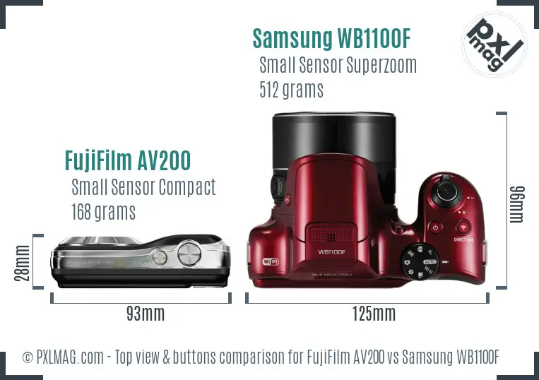 FujiFilm AV200 vs Samsung WB1100F top view buttons comparison