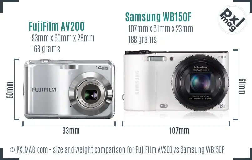 FujiFilm AV200 vs Samsung WB150F size comparison